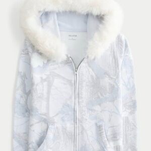 Hollister Women's Gray and White Faux Fur Hooded Ski Jacket